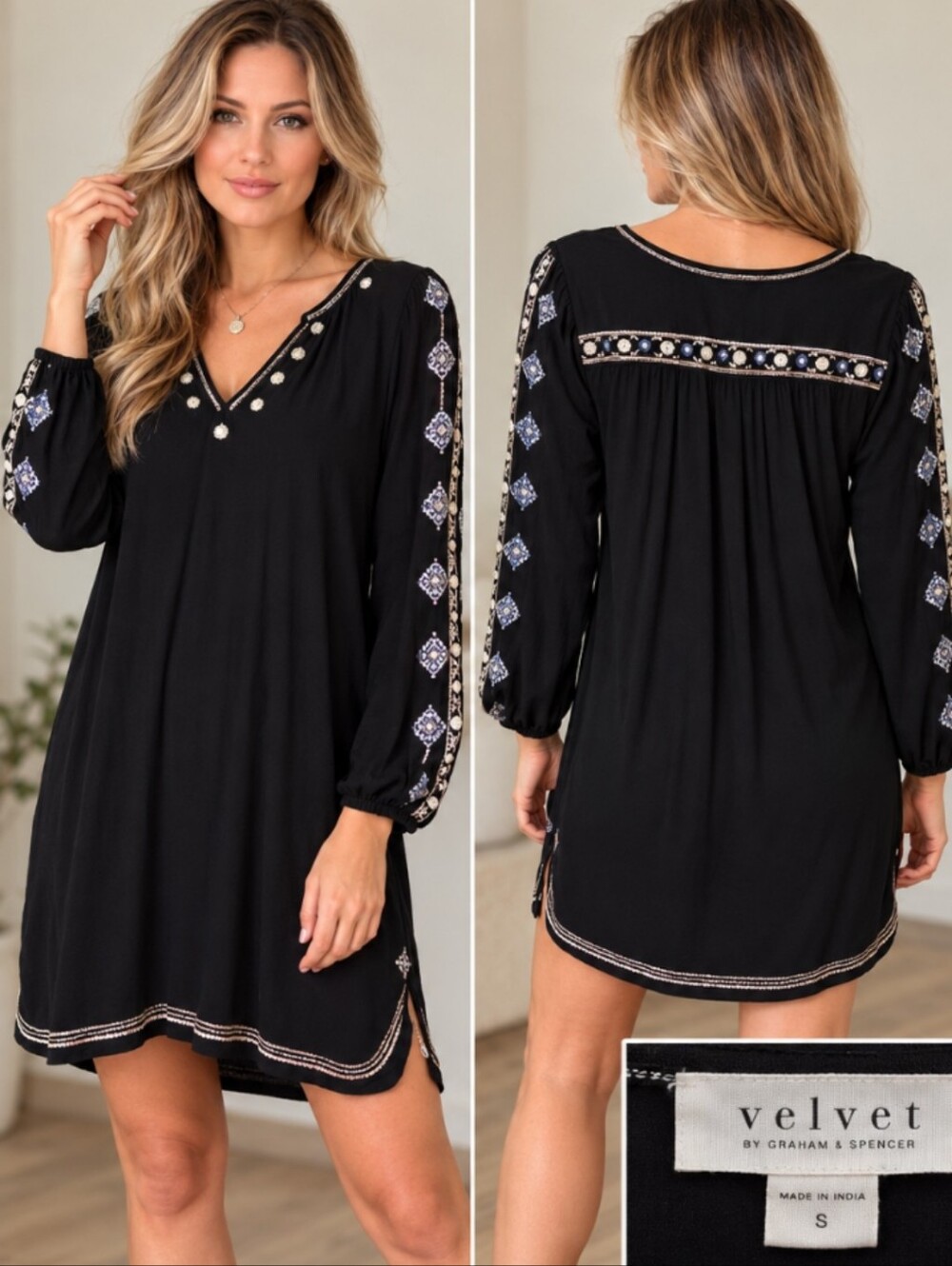 Velvet Black Embroidered V-Neck Tunic Dress